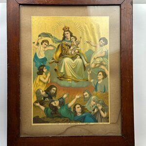 Antique Madonna of Carmen Religious Lithograph No.118 Framed 16x11" 20thC